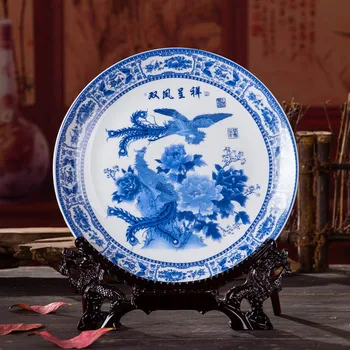 

Antique Inmitation Artistic Blue and White Porcelain Decoration Plate / Dish with Pheonixes Totem Painting