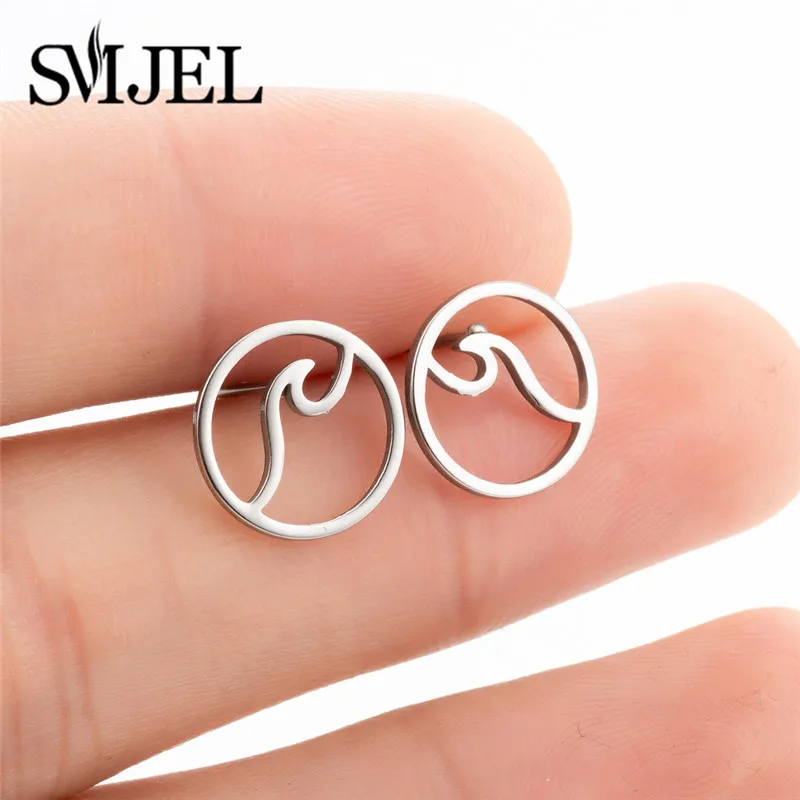 SMJEL Korean Stainless Steel Earrings for Women pendientes hombre Flower Small Earrings Studs Birthday Gifts Wholesale - Окраска металла: wave