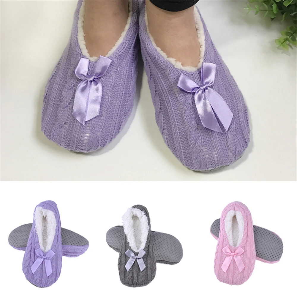 Женские зимние теплые вязаные Нескользящие нескользящие носки с бантиком Тапочки