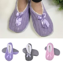 Женские зимние теплые вязаные Нескользящие нескользящие носки с бантиком Тапочки