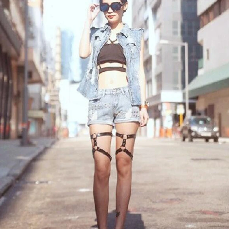  Sexy Harajuku Handmade Punk Rock Goth metal Double Row Leather Garter Belts Leg Ring Multi Color Le