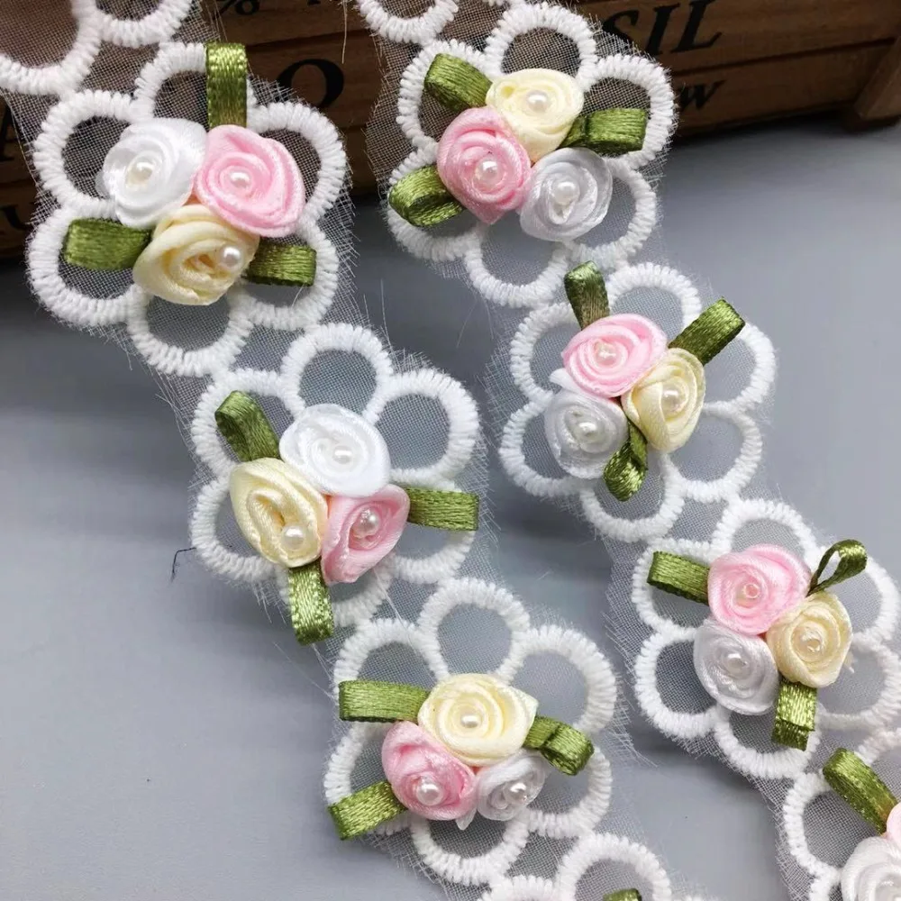 

1 Yard Tricolor flower heart Pearl Lace Edge Trim Chiffon Ribbon Fabric Embroidered Applique Baby Sewing Craft Dress DIY Wedding