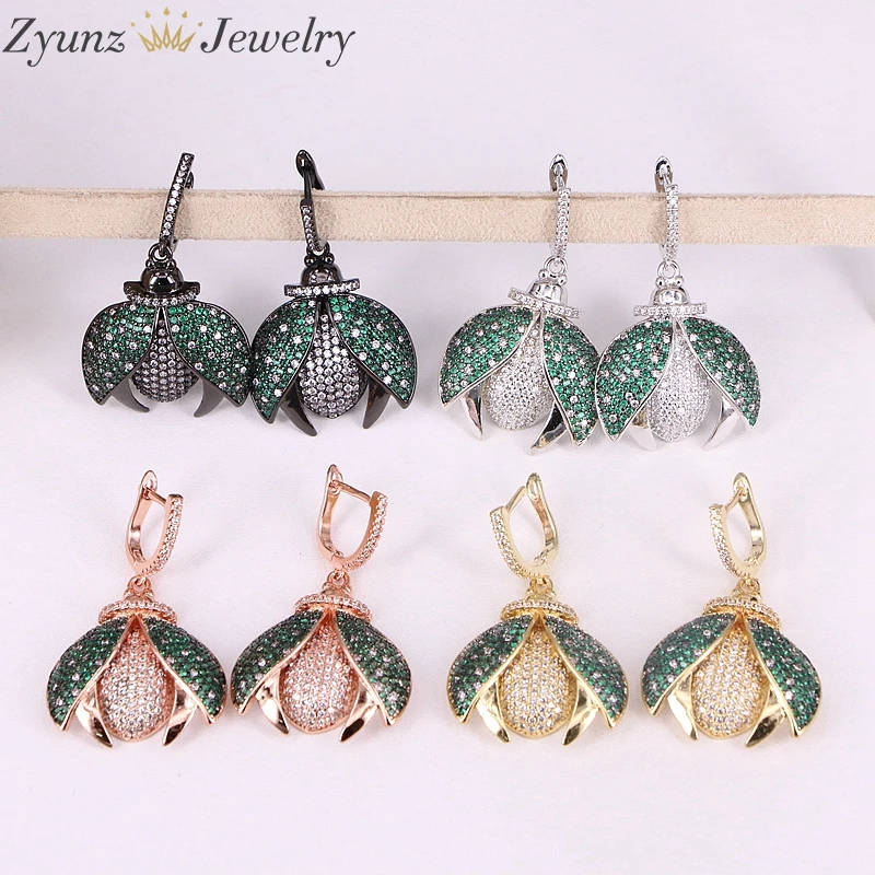 

4 Pairs ZYZ293-8779 Micro pave CZ Bugs insect drop earrings fly insect jewelry metal Bugs dangle earrings gift for women