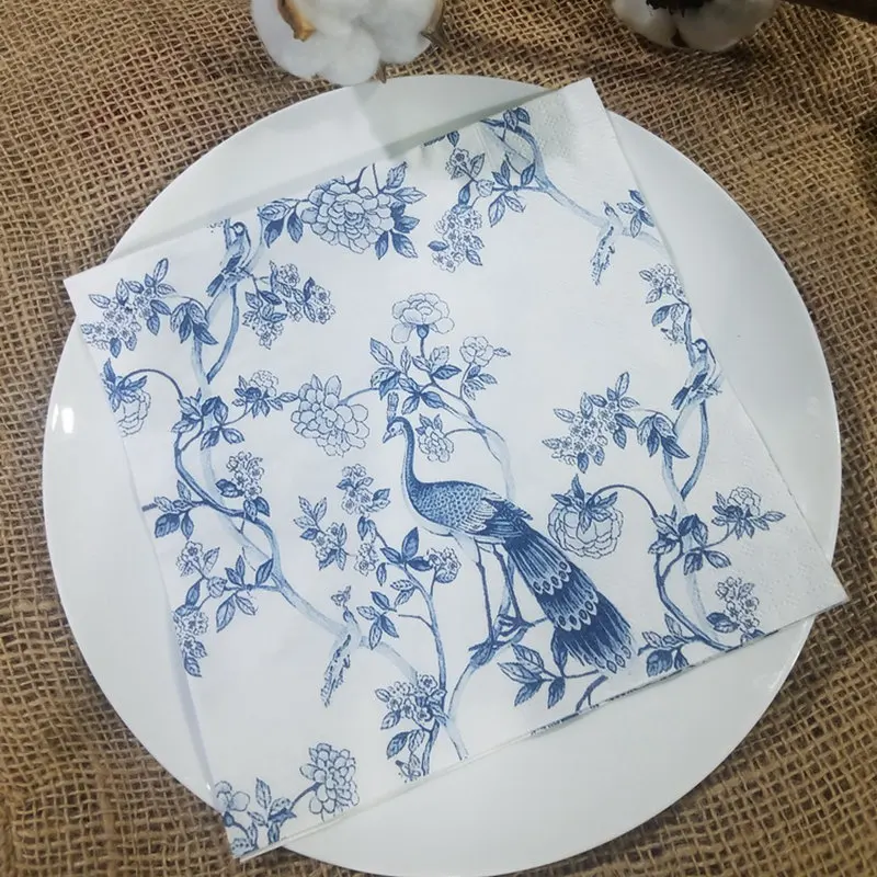 

Vintage White Folded Paper Table Napkins Blue Peacock Decoupage Paper Napkins