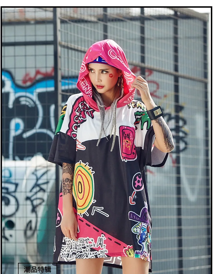 

2018 Summer New Harajuku Funny Printed Long T Shirts For Women Hooded Tee Shirts Women Tops Hip Hop Streetwear Dance Clothe