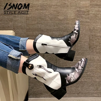 

ISNOM Snake Skin Western Boots Women Mid-Calf Boot Pointed Toe Stitching Shoes Female Cow Leather High Heels Shoes Ladies Autumn