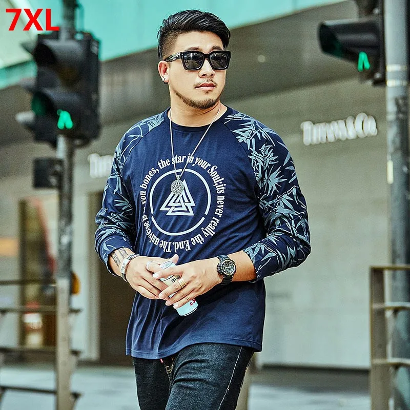 

Autumn large size men's casual loose round neck long-sleeved T-shirt plus size blue printing autumn and winter 7XL