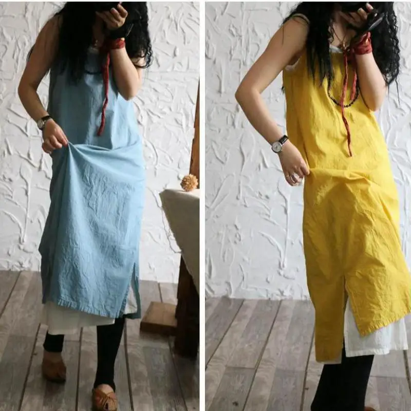 

Summer Strapless Dress Woman Vestido 2017 Brief Solid Loose Cotton Maxi Dresses Long Side Split Sleevelss Women Dress Breathable