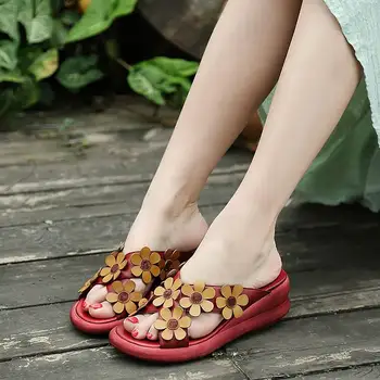 

New Genuine Leather Handmade Women Sandals Flower Wedges Cowhide Summer Shoes Peep Toes Comfotable Women Vintage Shoes