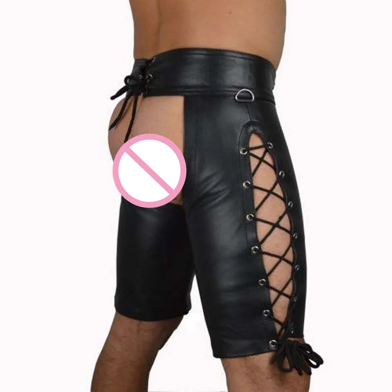 S-2XL New Buckle Hot Black Mens PVC Bandage Open Cortch Shorts Gothic Fetish Gay Men Faux Leather Jockstrap Penis Pocket Pants