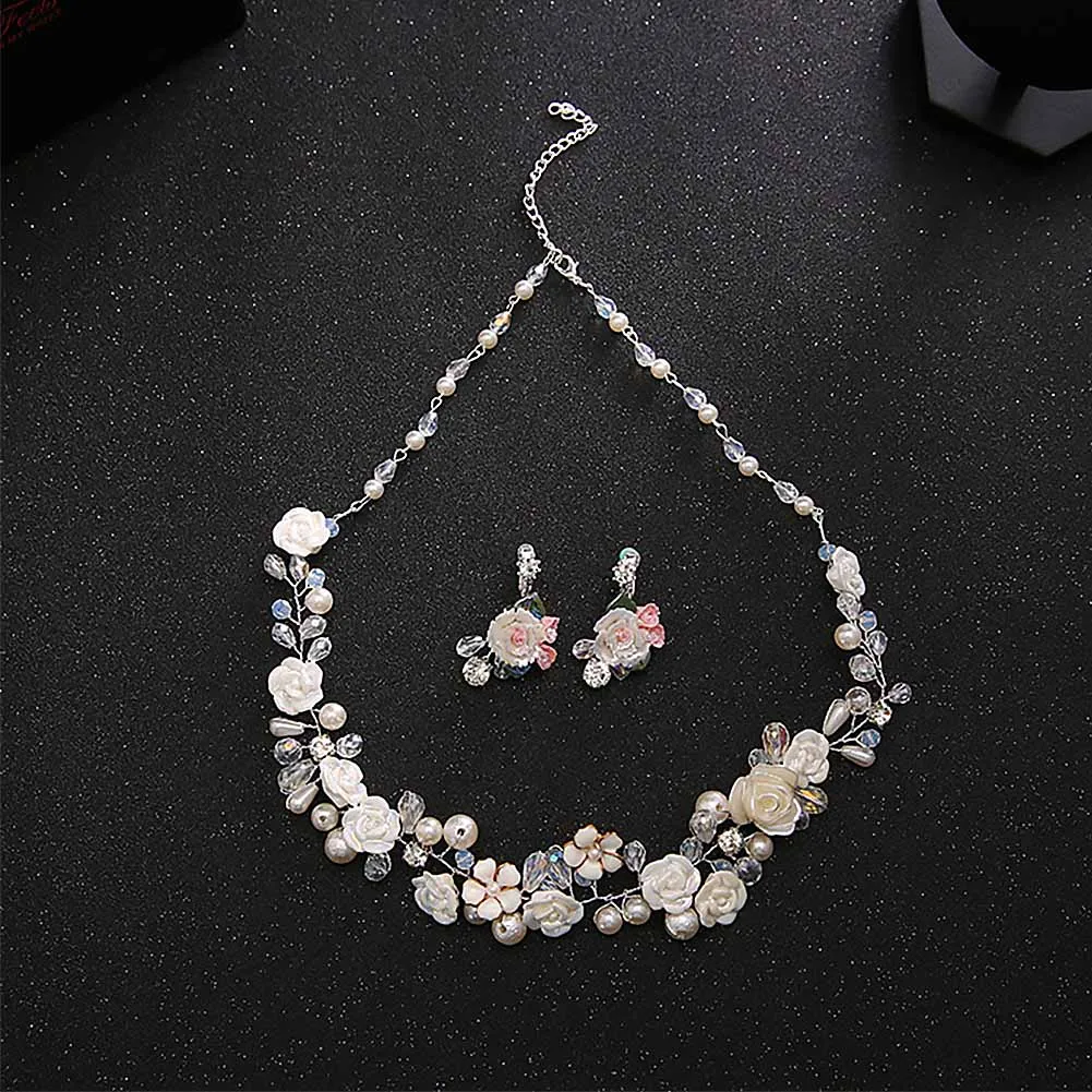 

Silver Crystal Pearl Ceramic Flower Necklace and Earrings Set Wedding Bridal Jewellery Indian Jewelry Sets Women Accessories VL