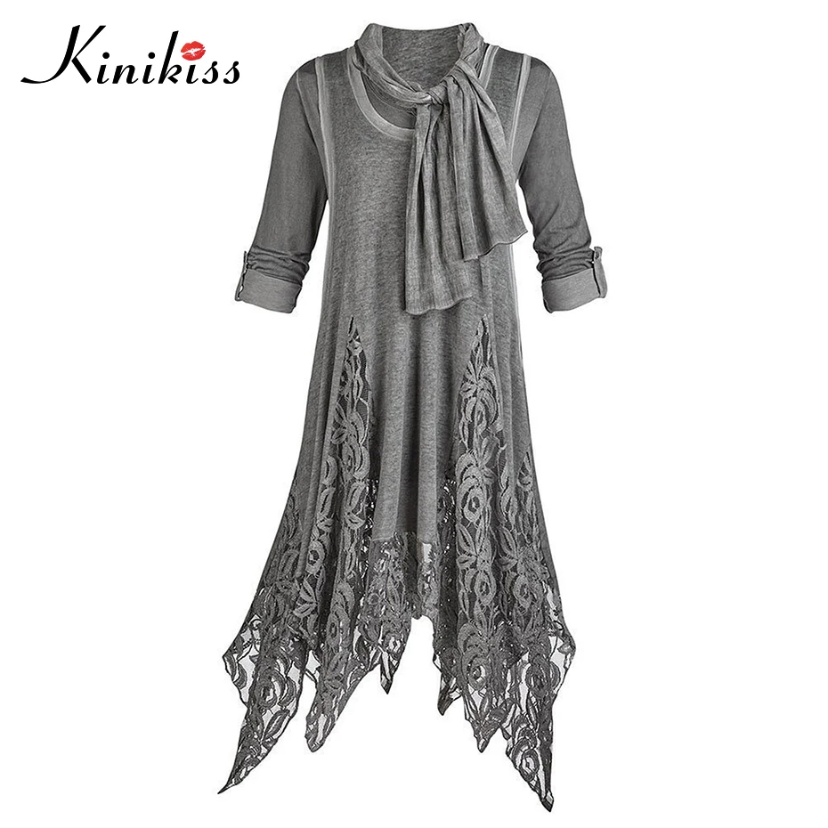 Kinikiss, асимметричное повседневное платье, Женский Осенний пуловер, кружевное элегантное платье, весна, половина рукава, серое хлопковое зимнее платье, большой размер