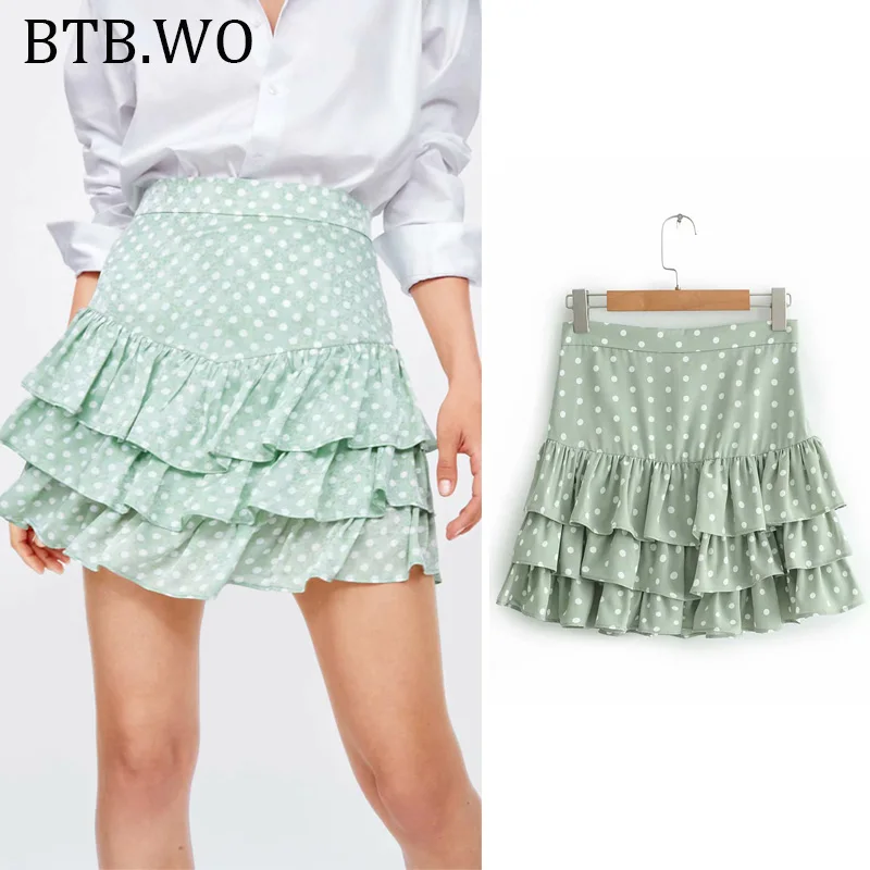 

2019 Women Cute Mini Skirt for High Waist Women Summer Green Dot Print Pleated Casual Mini Skater Skirt