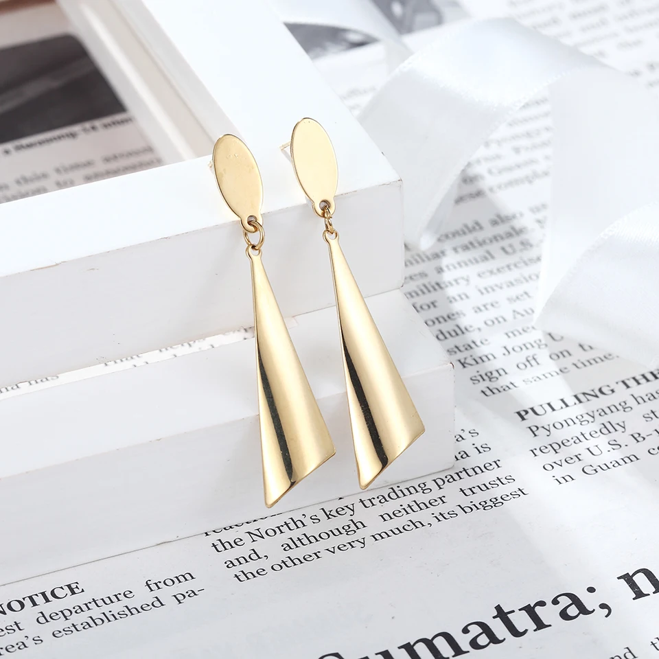 

2019 Geometry Oval Triangle Long Danlge Earring For Women Gold Color Stainless Steel Classic Fashion Jewelry Anniversary Gift