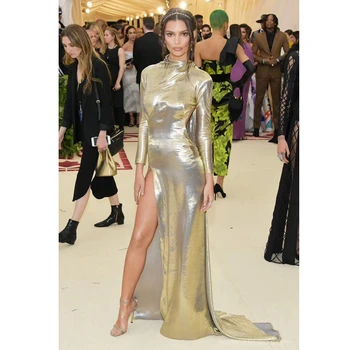 

2019 New Arrival Gold Long Sleeve Fashion Dress Chic Autumn long Maxi Sexy High Split Solid Evening Celebriy Vestidos Club festa
