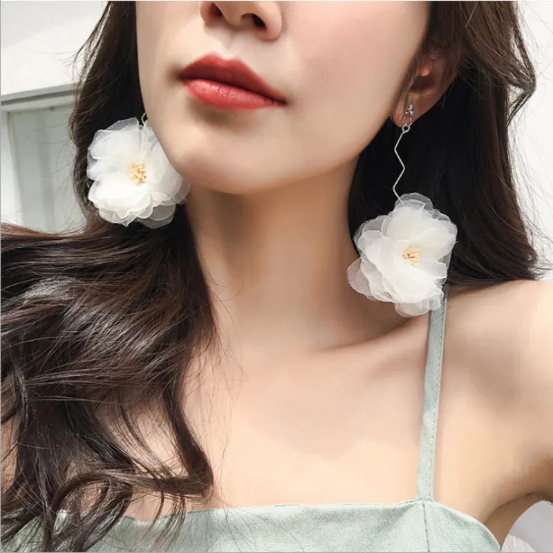 

SHIFEEL 2019 New Korea Fashion Vacation style 925 Silver Pin Lace Flower Drop Earrings Temperament Long Pendientes Women Jewelry