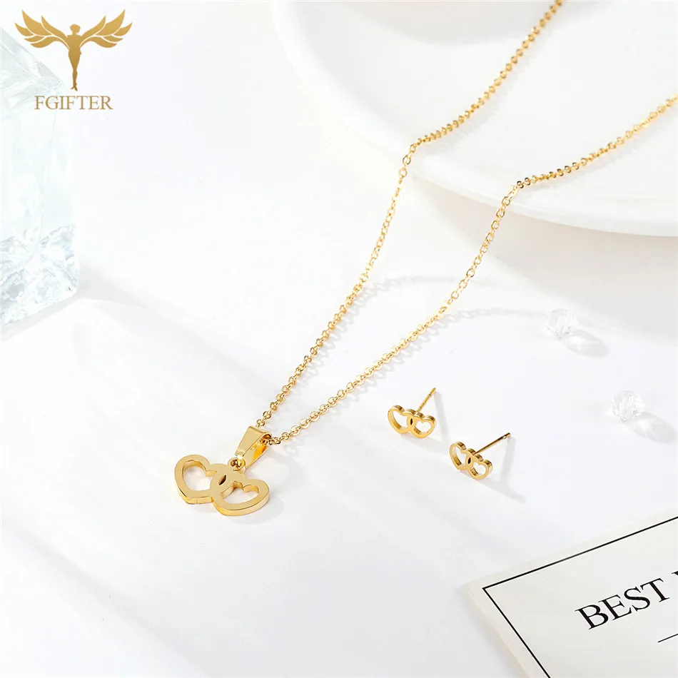 FGifter Cute Sisters Gift Double Hearts Earrings Necklace Jewelry