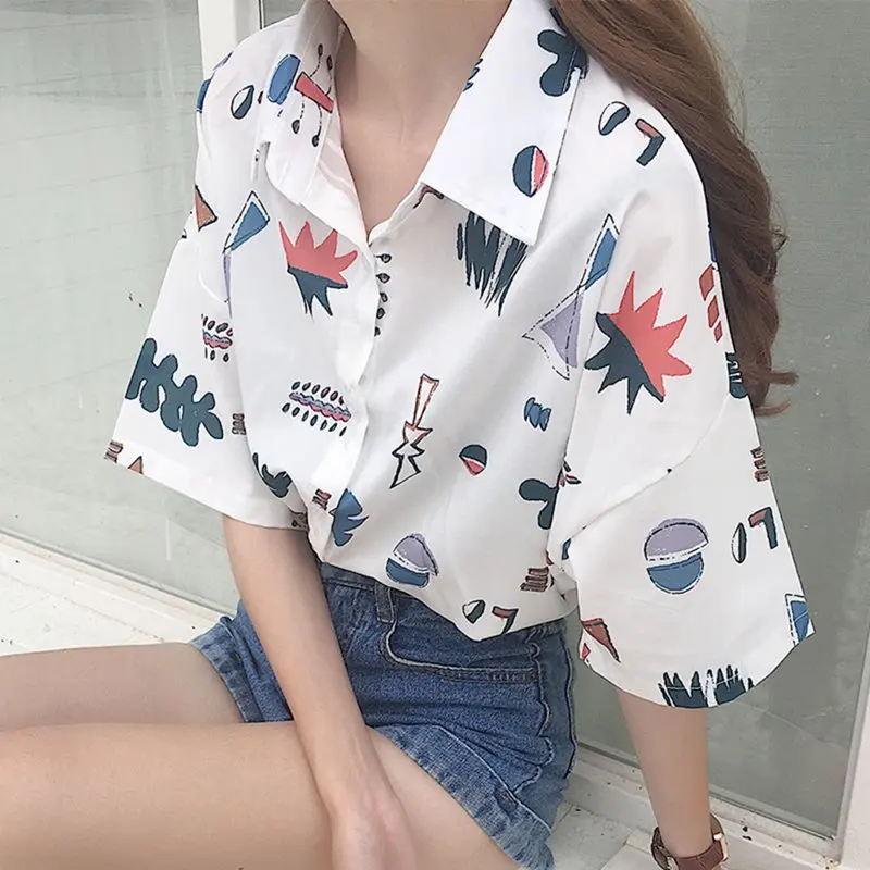 

Harajuku White Shirt Women Korean Street Blouses Chic Print Summer Tops School Girl Loose Plus Size Office Ladies Casual Shirts