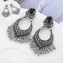Fashion ethnic Vintage Big Drop Pendant black tassel Bohemia Ancient Silver Carved Flower Round Tassel Earrings Fashion ethnic Vintage Big Drop Pendant black tassel Bohemia Ancient Silver Carved Flower Round Tassel Earrings