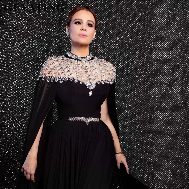 Yousef Aljasmi черное шифоновое длинное арабское вечернее платье с рукавами-крылышками, хрустальные стразы, высокая горловина, вечерние платья для выпускного вечера в Дубае