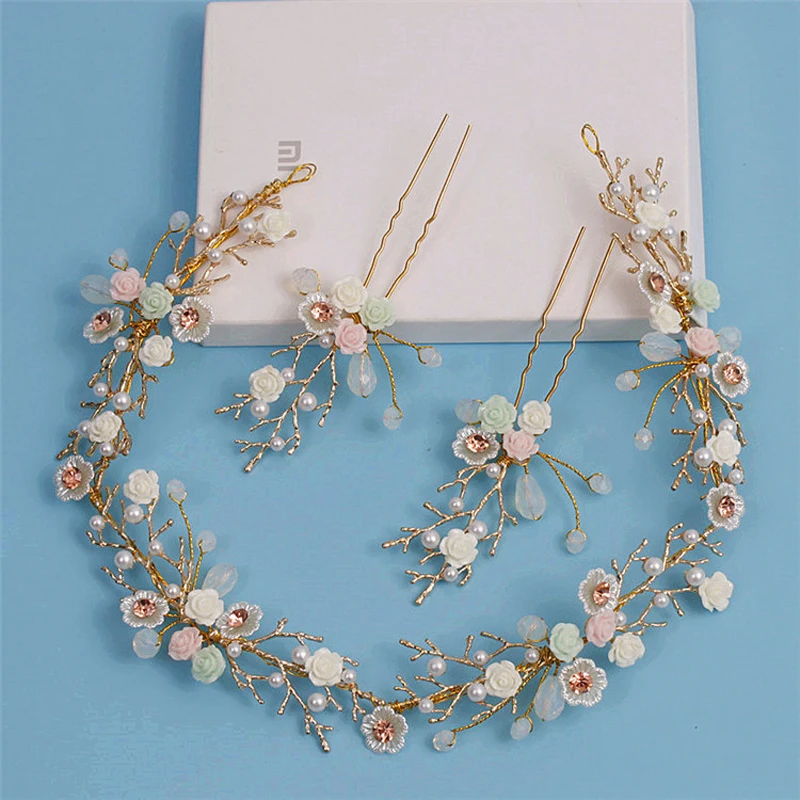 

3PCS Gold Women Hair Jewelry Colorful Flower Headband Hairpins Set Pearl Crystal Tiara Hairband Bridal Wedding Hair Accessories