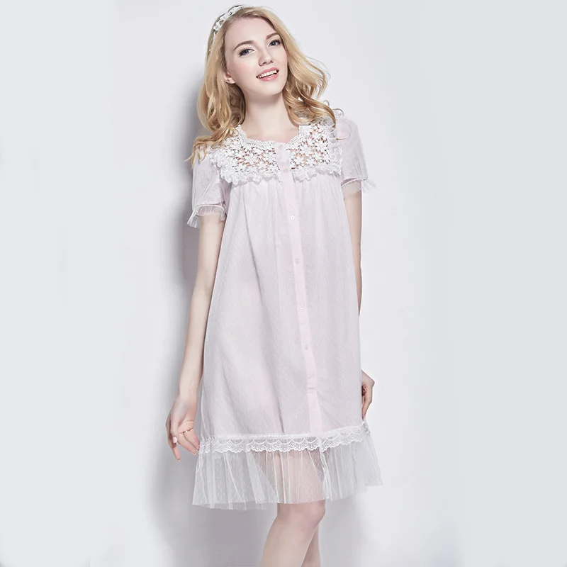 Short Sleeve Elegant Nightdress Cotton Nightgown Patchwork Lace Nightgowns Women Pink Button