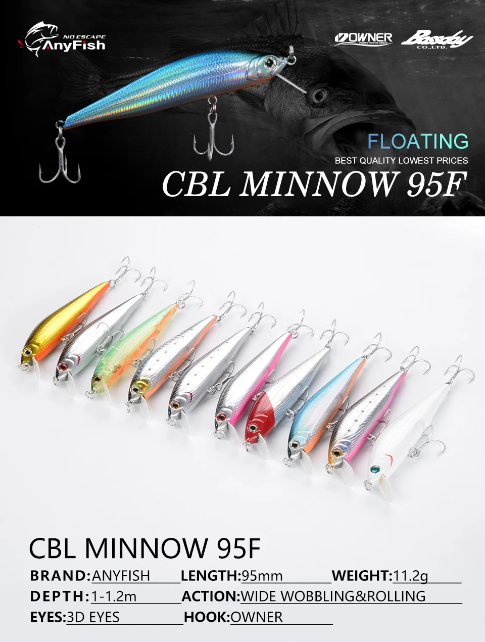 ANYFISH CBL MINNOW 95F плавающая приманка для рыбалки 9,5 см 11,2 г жесткая приманка с 2 рыболовными крючками Aritificial Bait 3D Глаза глубина 1-1,2 м