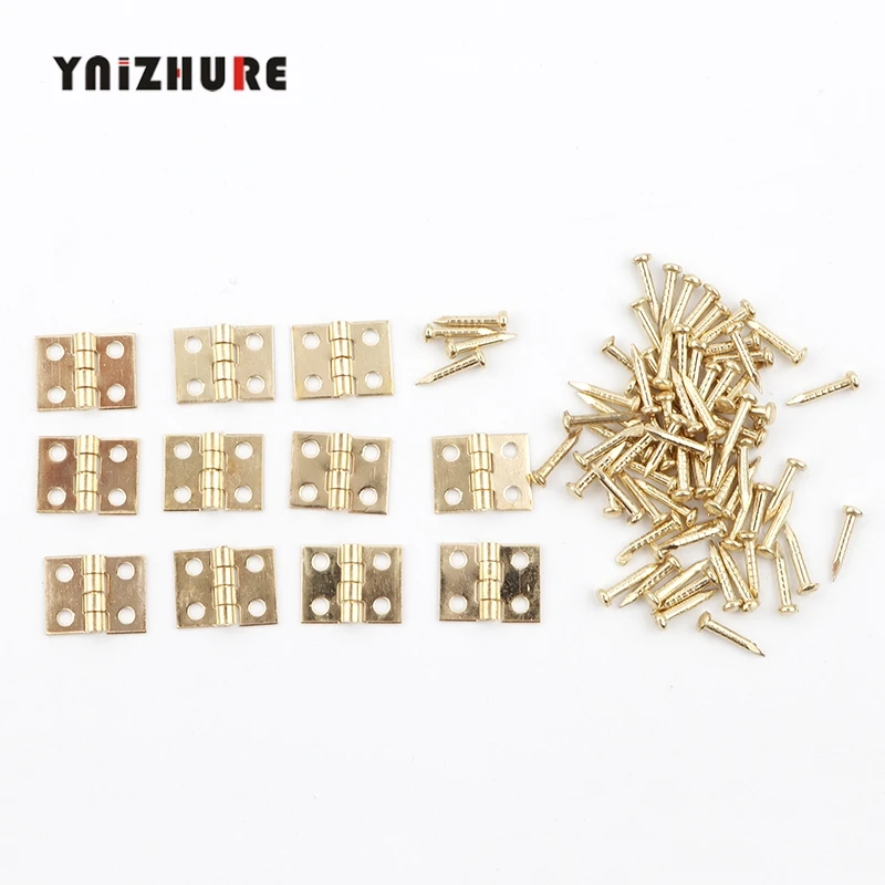 10Pcs 10*8mm Pure copper Brass Mini Hinge Decor Door Hinges Wooden Gift Jewelry Box Hinge Fittings for Furniture Hardware+Nail