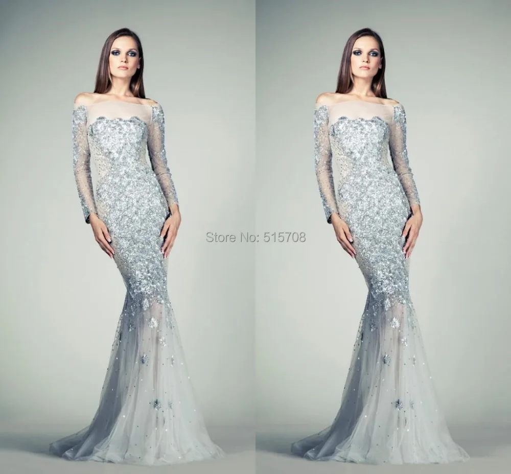 Long Sleeve Evening Dress Off Shoulder Crystal Sequins Beaded Sheer