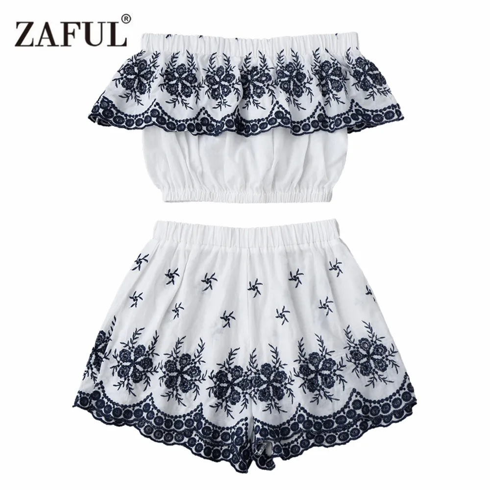

ZAFUL New Embroidered Crop Top with Shorts Swimwear Coverups for Women Off The Shoulder Top Women Hollow Out Ruffles Top