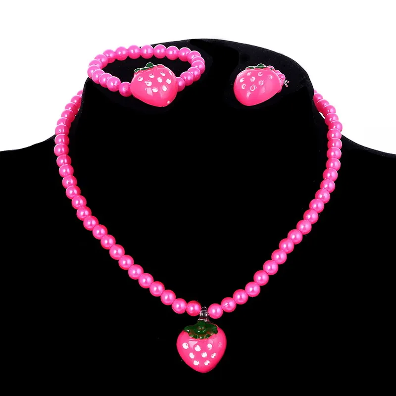 Girl Kids Jewelry Set Strawberry Flower Necklace Bracelet Ring Design