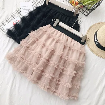 

SETWIGG Summer Sweet Elastic Waist Tulle Flounced Short Skirt Cute Patchwork Mesh Mini A-line Skirts