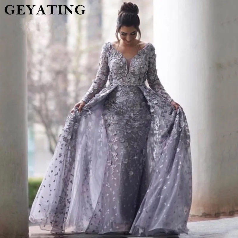 Buy Silver Grey Long Sleeves Mermaid Evening Dress With Cape 2018 Lace Beaded