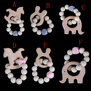 

1pcs Organic Wood Silicone Beads Baby Rattle Stroller Accessories Toys Wooden Baby Bracelet Animal Jewelry Teething For Baby