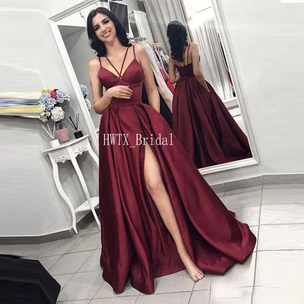 

Burgundy Long Prom Dresses 2019 Elegant A Line Satin Side Split Cheap Arabic Dubai Women Party Formal Gowns Vestidos de festa
