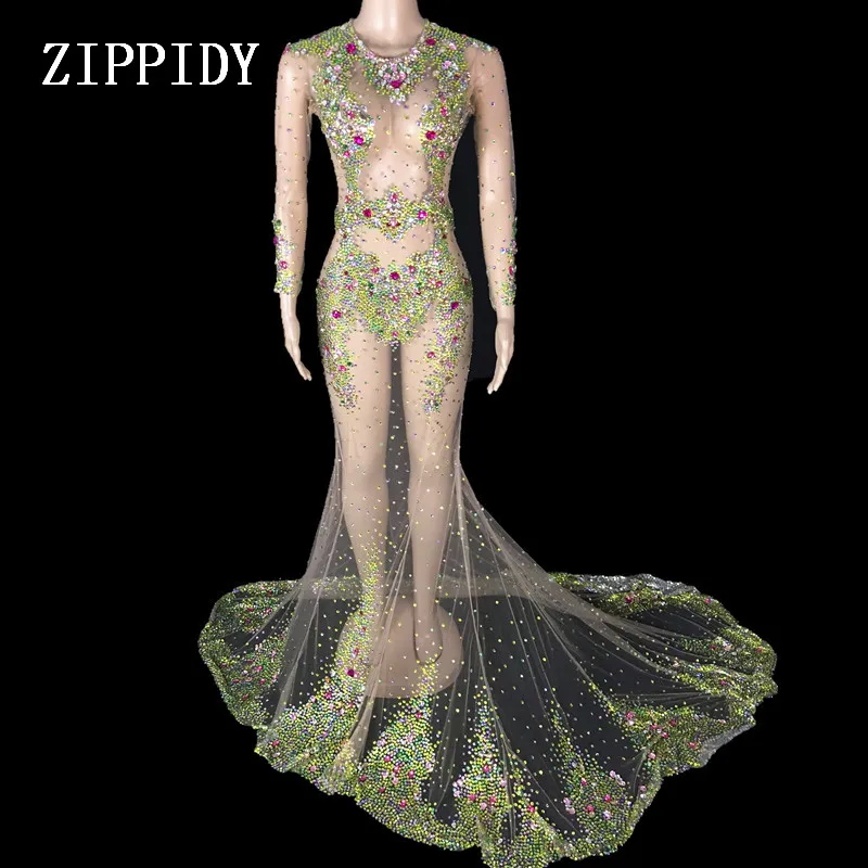 

Multi-color Crystals Respective Long Train Dress Super luxurious Big Tail Dress Evening Costume Wedding Celebrate Dress