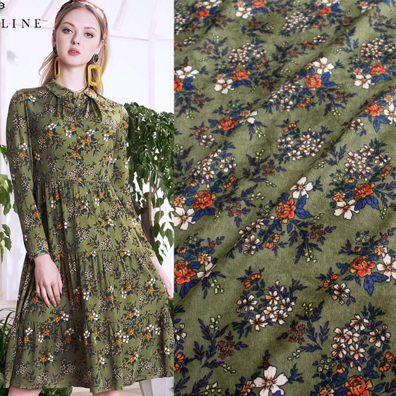 

Imorted fashion army green retro printed corduroy fabric soft comfortable cloth tissue for women dress, patchwork by meter