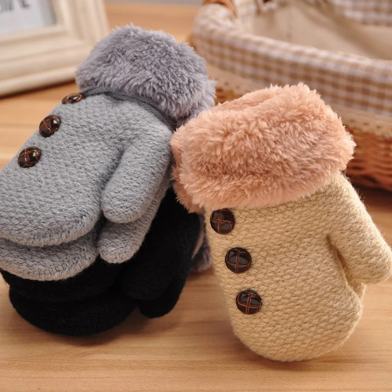 

Winter Warm Kids Gloves with Rope Double Layer Boys Girls Full Finger Mittens Hand Warmer Button Thick Gloves