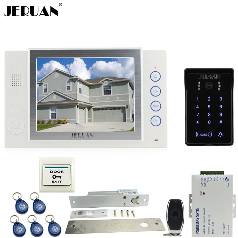 JERUAN 8 inch LCD video doorphone Recording intercom system New RFID waterproof Touch Key password keypad Camera 8G SD Card Free