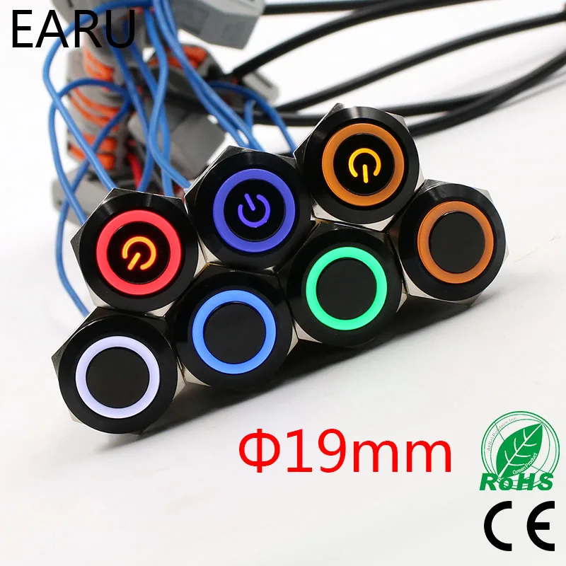 

19mm Alumina Black LED Light Waterproof Metal Push Button Switch Latching Momentary Fixation Auto Car Engine Start PC Power Red