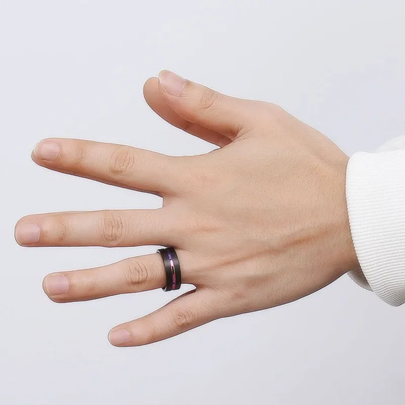 Meaeguet 8 мм широкий черный вольфрам карбида кольцо для мужчин Мода один паз Радуга волокно обручальные кольца ювелирные изделия размер США