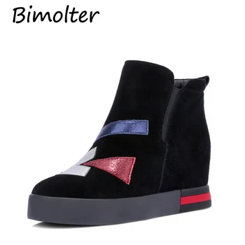 

Bimolter Cow Suede Height Increasing Boots For Women 3cm Platform Genuine Leather Boots Appliques Round Toe Shoes Female NC027