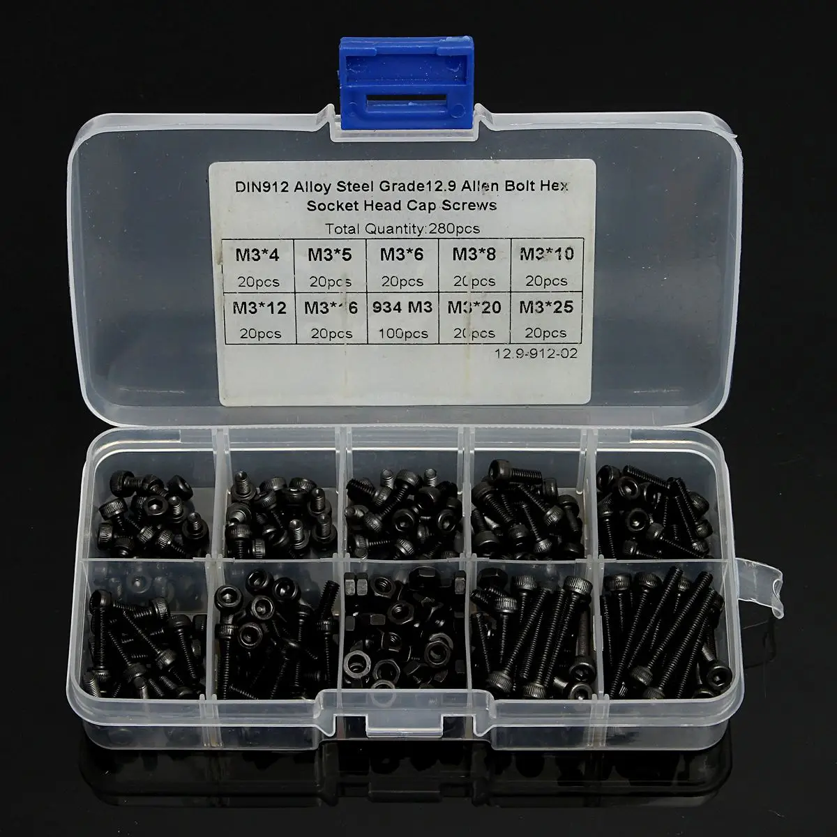 

New Arrival M3AH8 280pcs M3 Black Hex Socket Screws Allen Bolt Assortment with Nuts Grade 12.9 Alloy Steel