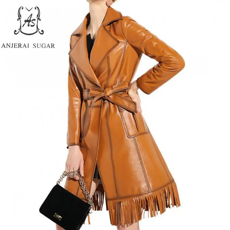 Spring Autumn women sheepskin genuine leather jacket slim pocket belt Tassel design jaqueta