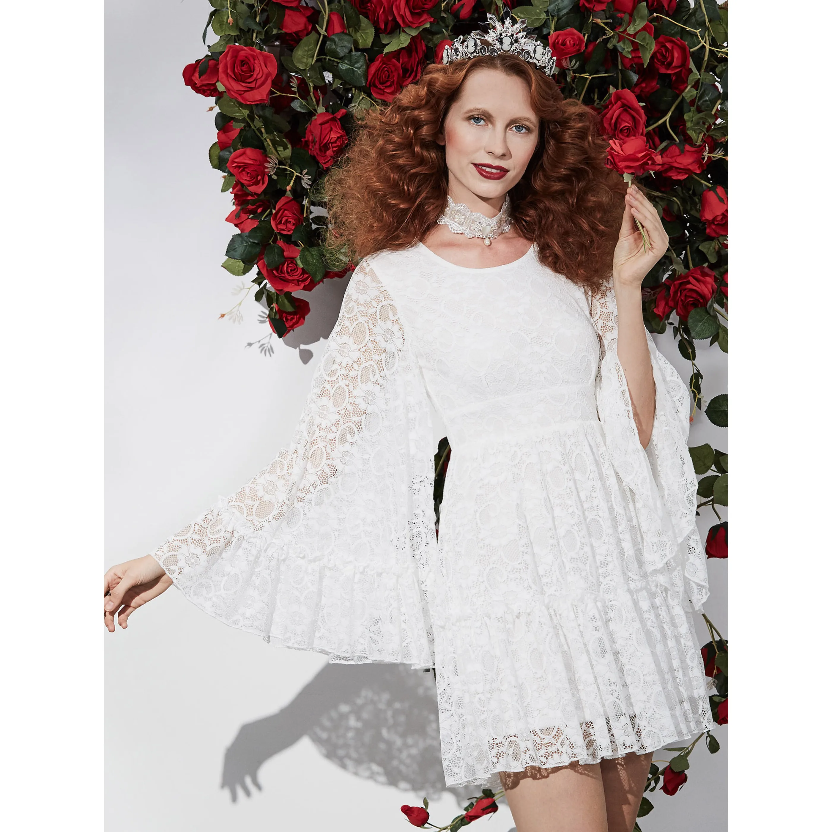 Rosetic, женское платье, белое кружевное платье,, винтажные элегантные женские вечерние платья в стиле пэчворк, кружевное платье с расклешенными рукавами, модное элегантное сексуальное платье в стиле ретро - Цвет: Белый