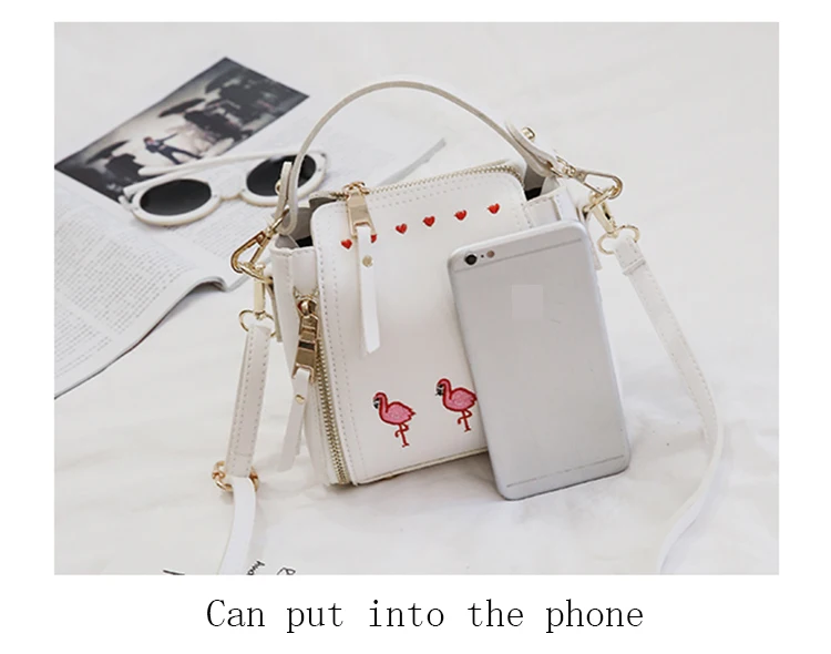 Embroidery flamingos and hearts women bag chain decoration leather handbags small women messenger bags women crossbody bags