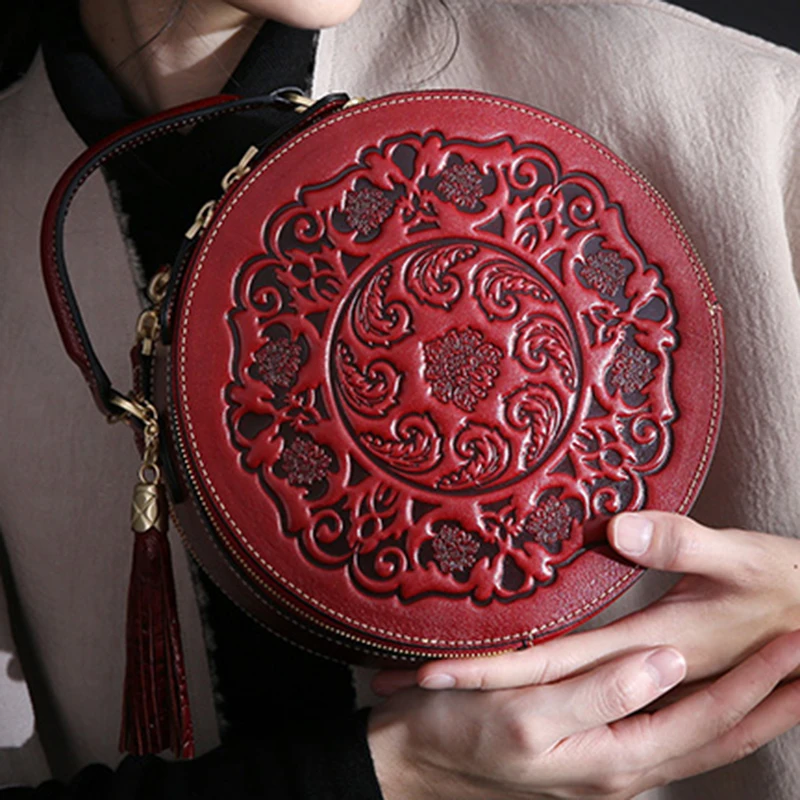 Для женщин Tote Crossbody круговые сумки тиснением китайский стиль кисточкой сумка