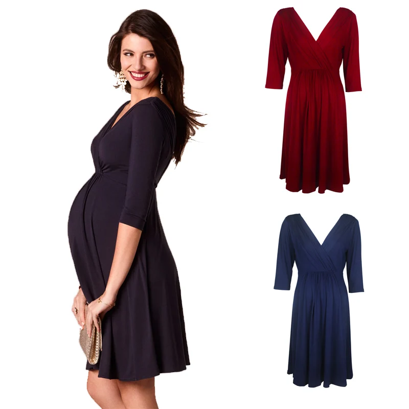 

Sunbaby New Fashion maternity dresses for party Solid Color V neck pregnancy clothes women dress Q1209