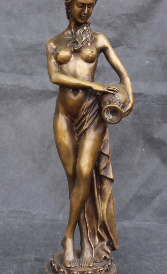 

20" Western Art Bronze sculpture charming nude woman belle flower vase beauty