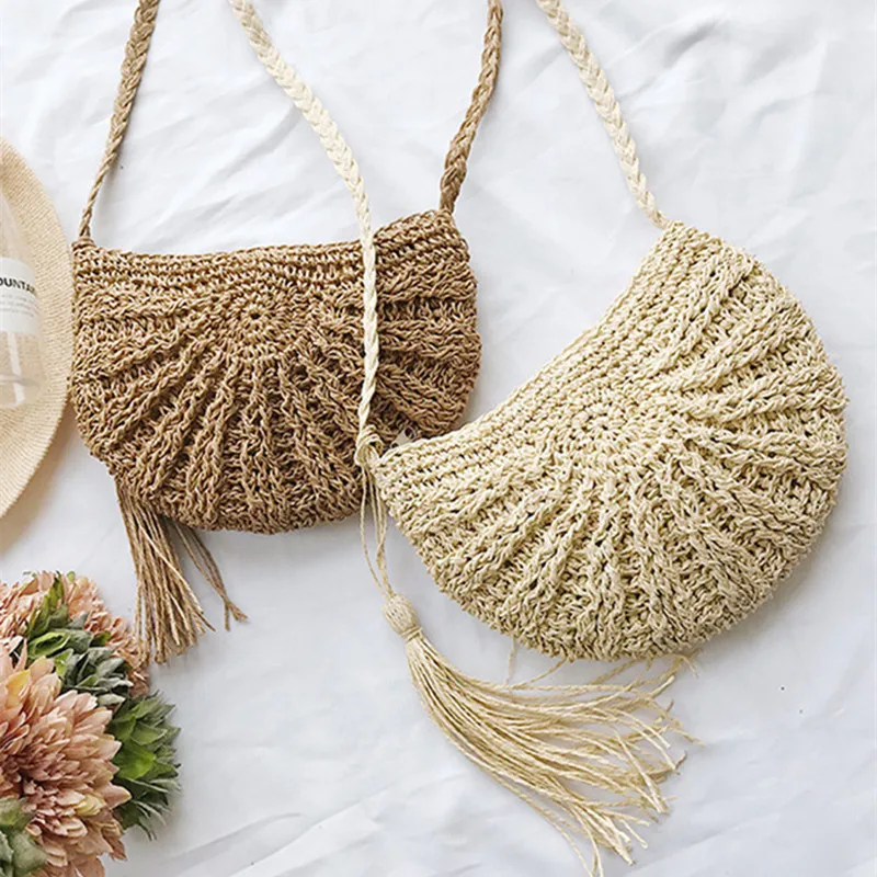 Simple Straw Circular Women Shoulder Bag Handmade Woven Bohemian Handbag Summer Beach Bag Lady Large Capacity Shopper Tote